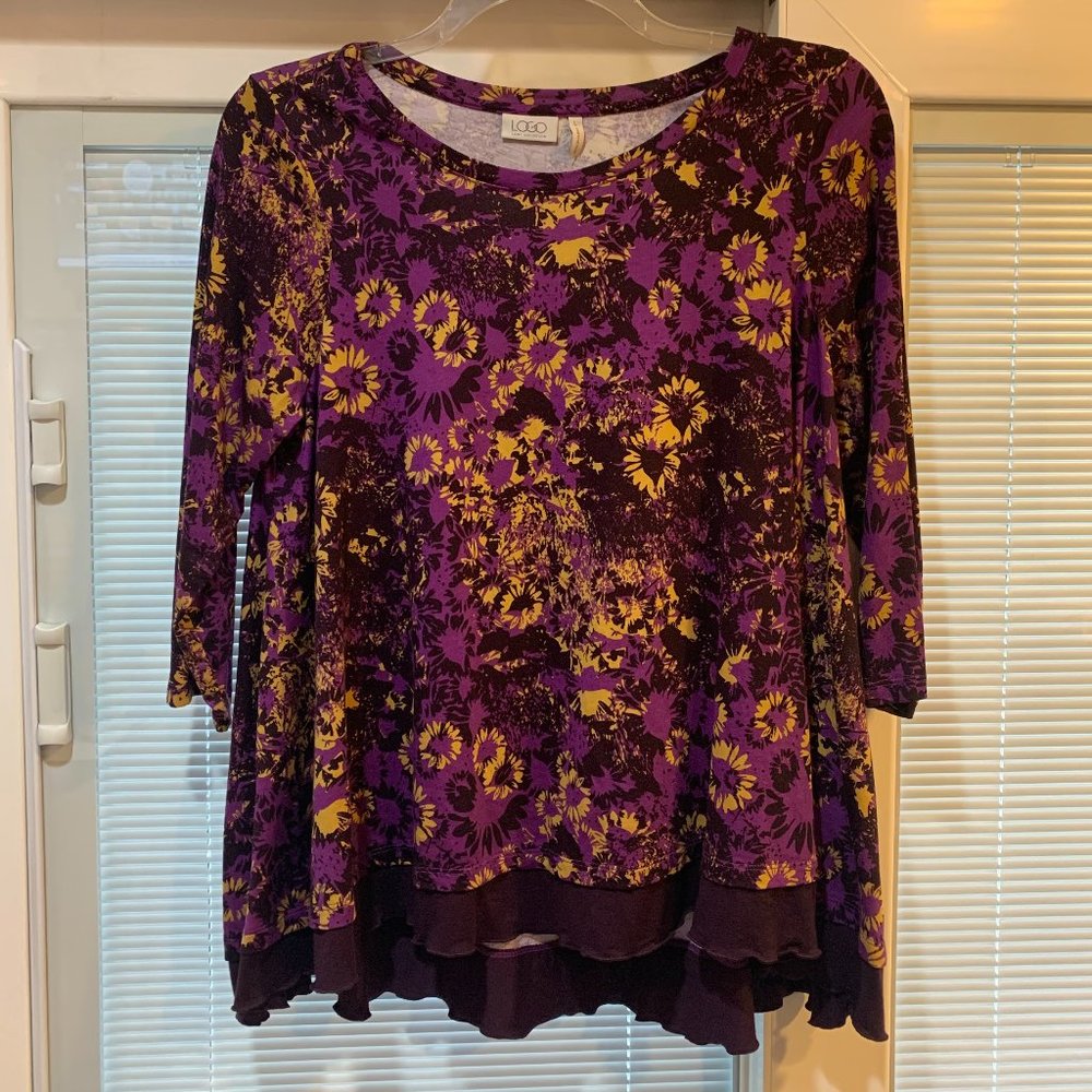 NWOT Logo Lori Goldstein 3/4 Sleeve Black Cherry Floral Print Shirt Size Large